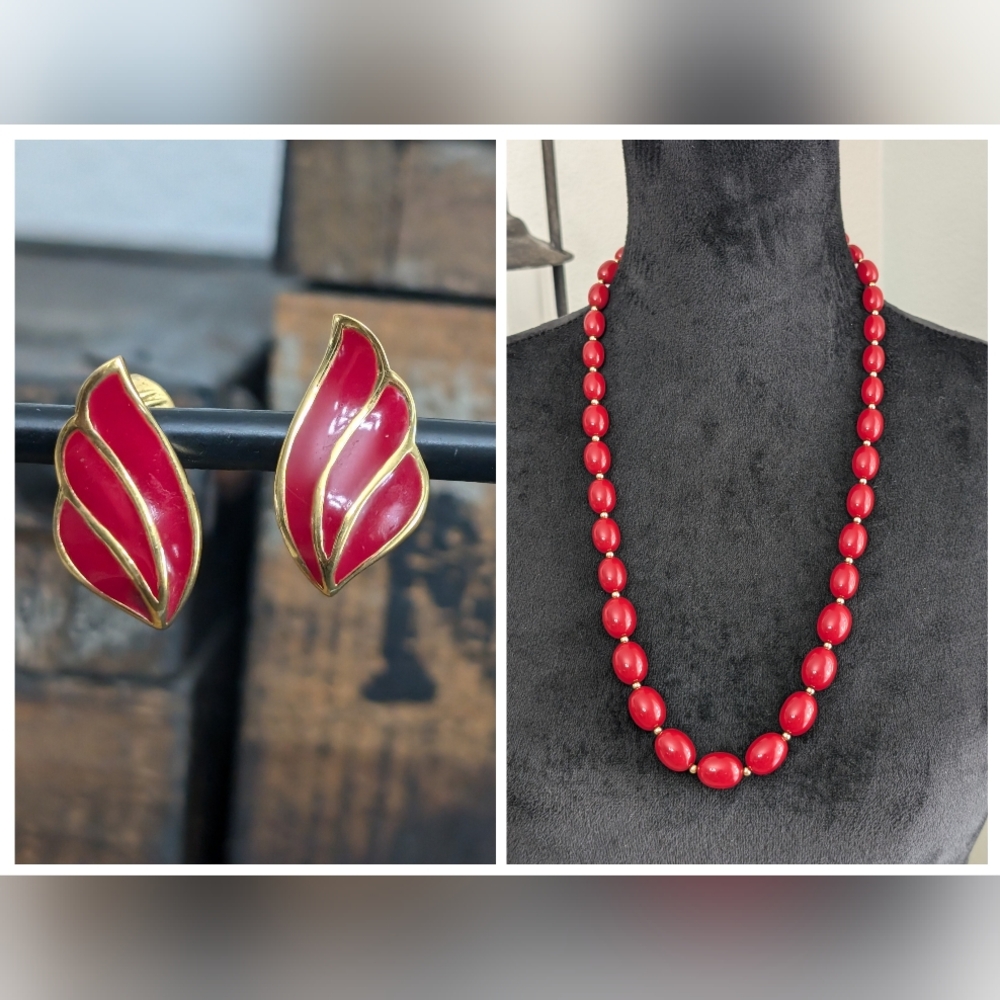 Vintage Monet Red/Gold Tone Lucite Necklace, Red/Gold Tone Enamel Earrings